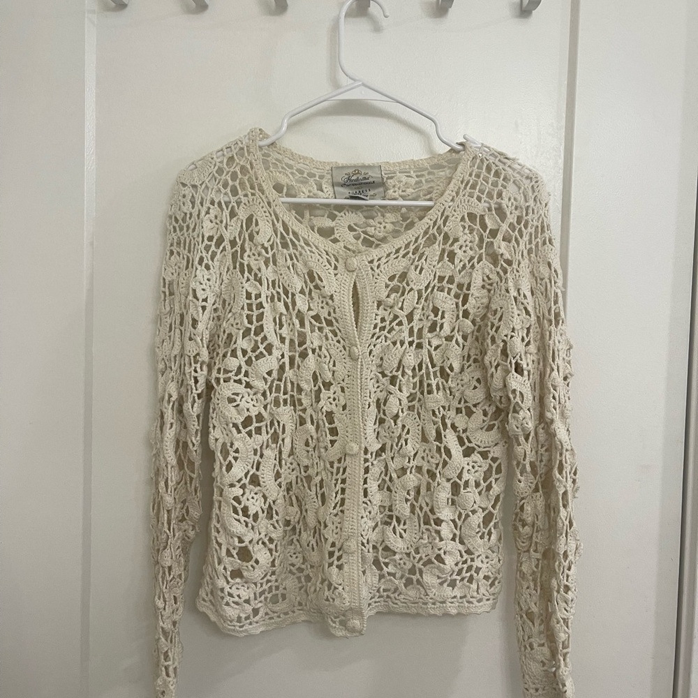 Vintage Handknit Cottagecore Coachella Crochet‎ Openwork Cream Cardigan